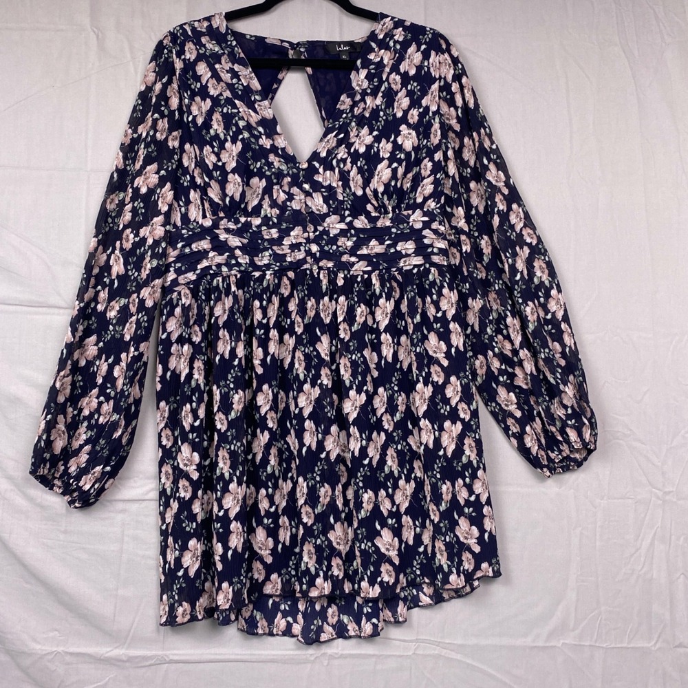 Lulus Garden Meander Navy Blue Floral Print Long Sleeve Mini Dress XL Excellent!